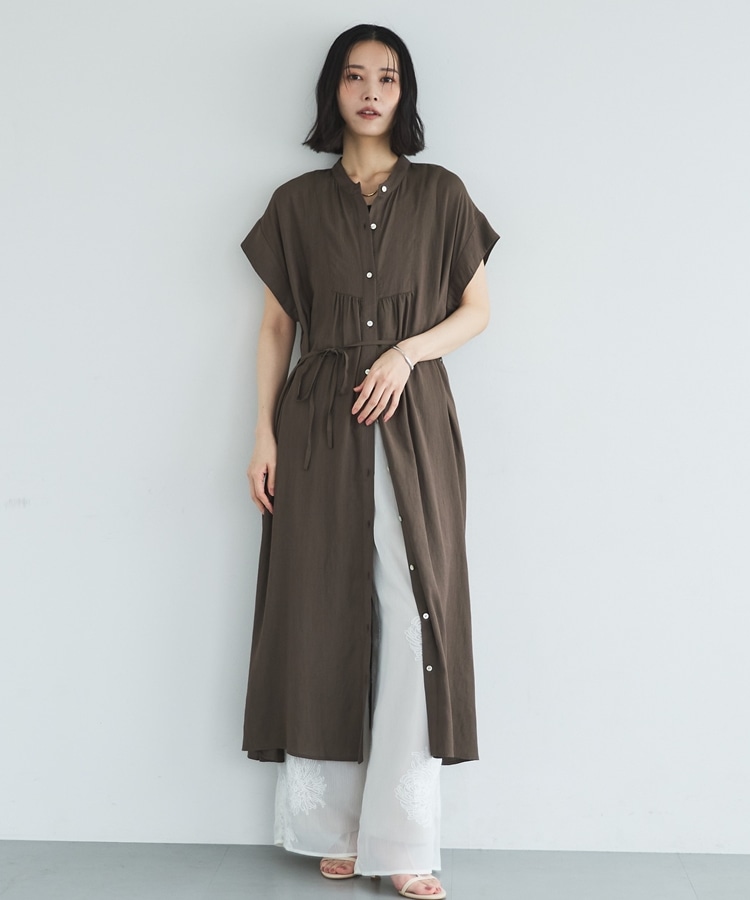 ウォッシャブルリネンライクバンドカラーシャツワンピーズ(F BROWN