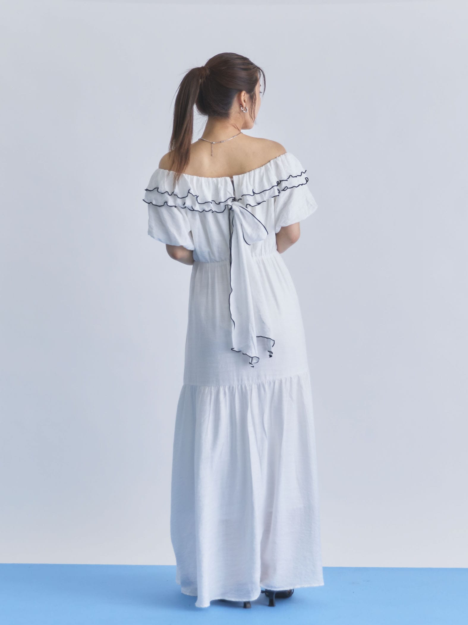 配色メローバックリボン2wayオフショルワンピース