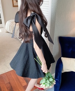 ribbon shoulder feminine onepiece(M BLACK): ワンピース｜PMbox P&M