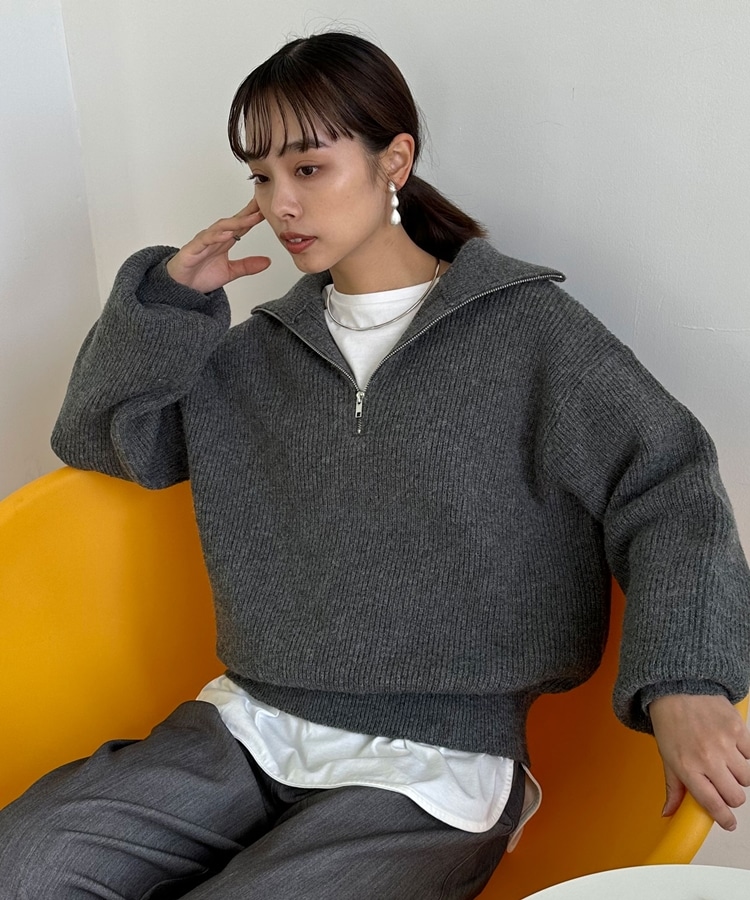 ハーフジップ畦編みニット(F CHARCOAL GRAY): トップス｜PMbox P&M