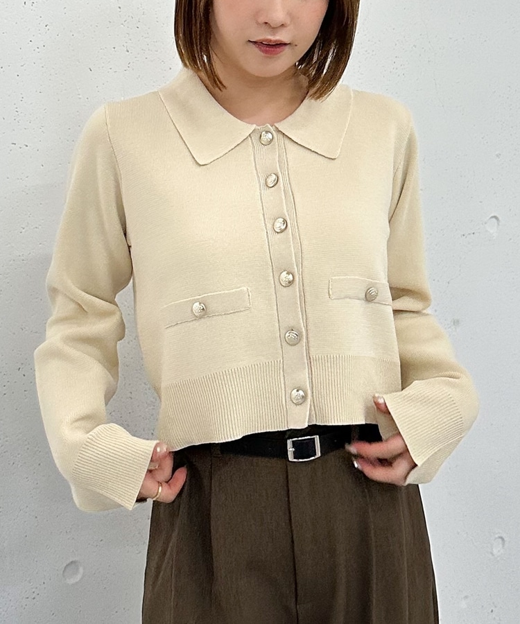  collection アイボリーニットカーディガン 予約]ゴールドボタンコンパクトニットカーディガン/アイボリー