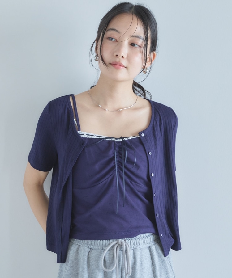 ハーフスリーブハリヌキカットCD×レース花柄キャミSET(M NAVY