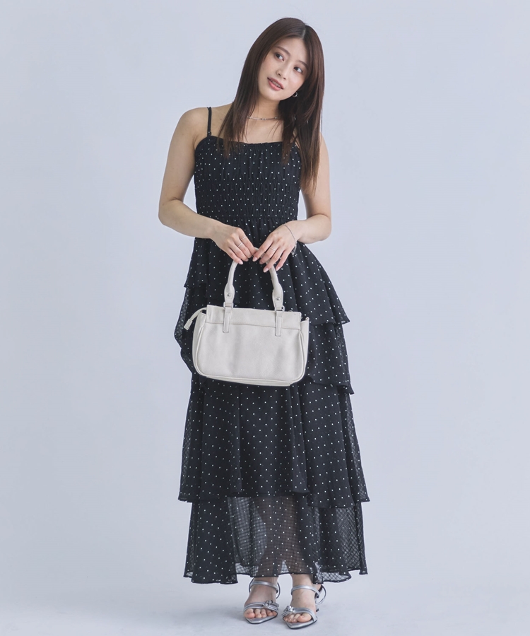 ドットアソートフリルティアードキャミワンピース(M BLACK/IVORY
