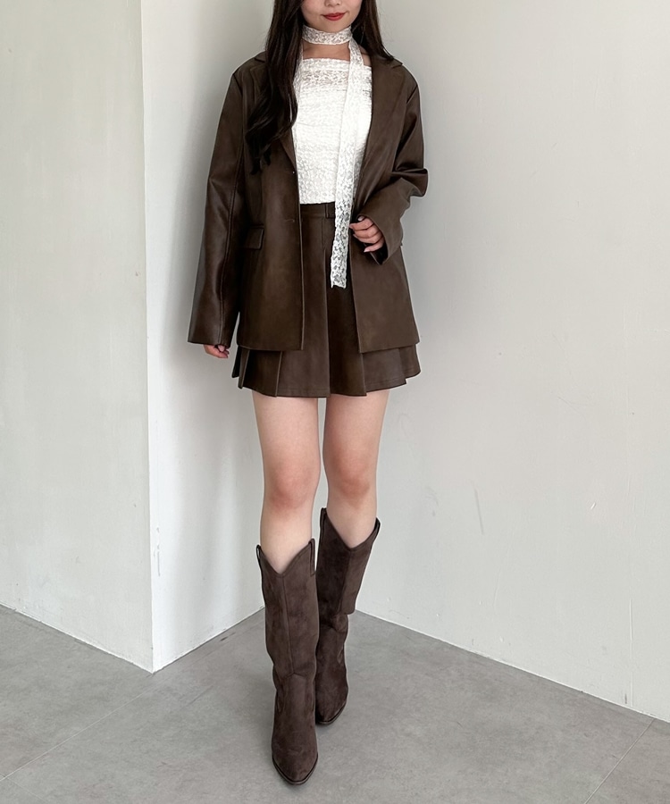 SETUP対応】フェイクレザープリーツミニスカート(S BROWN