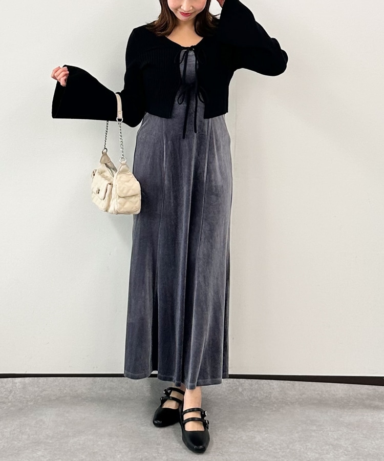 ランダムリブニットカーデ×ベロアキャミワンピースSET(M BROWN