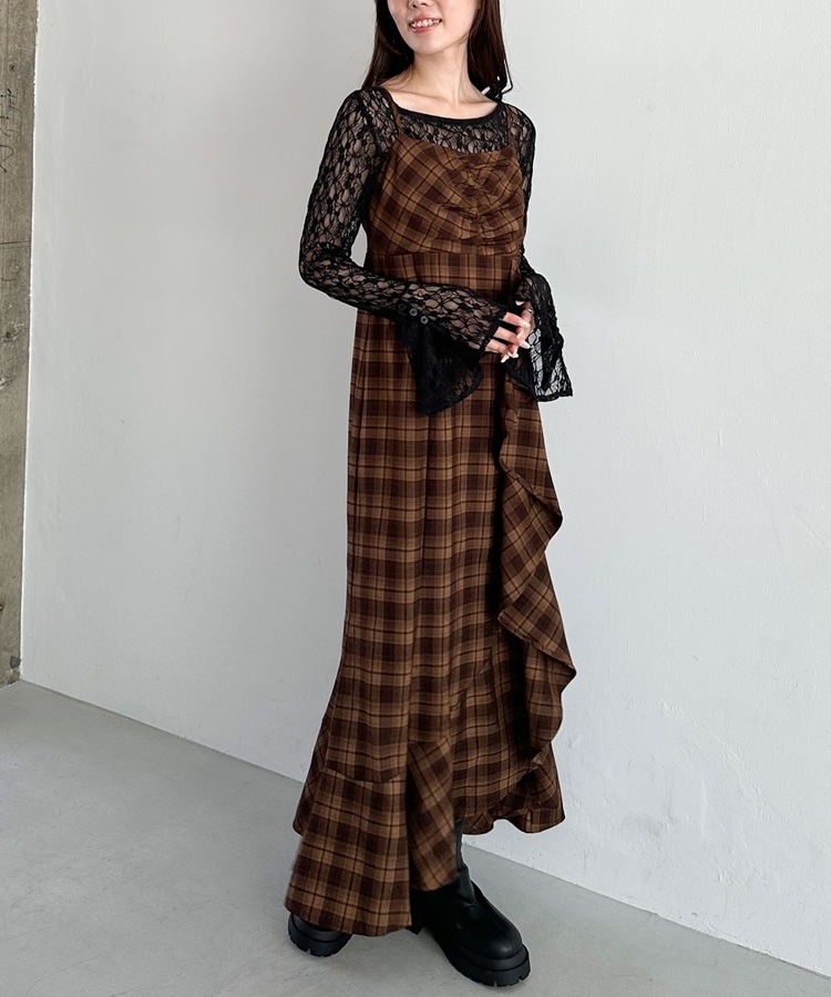 チェックアソートラッフルキャミワンピース(M BROWN チェックアソートラッフルキャミワンピース(M BROWN
