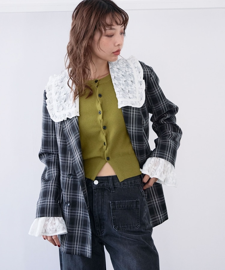 グレー レース襟 テーラードジャケット SETUP対応】3wayレースカラーチェックテーラード