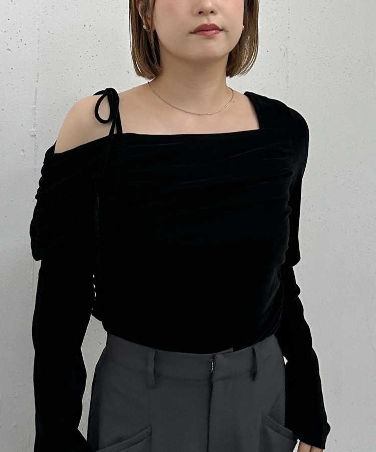 A/Pベロアボレロ シアーベロアギャザーワンショルTOPS(M IVORY): トップス