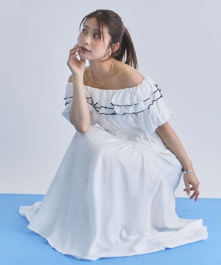 配色メローバックリボン2wayオフショルワンピース(M IVORY