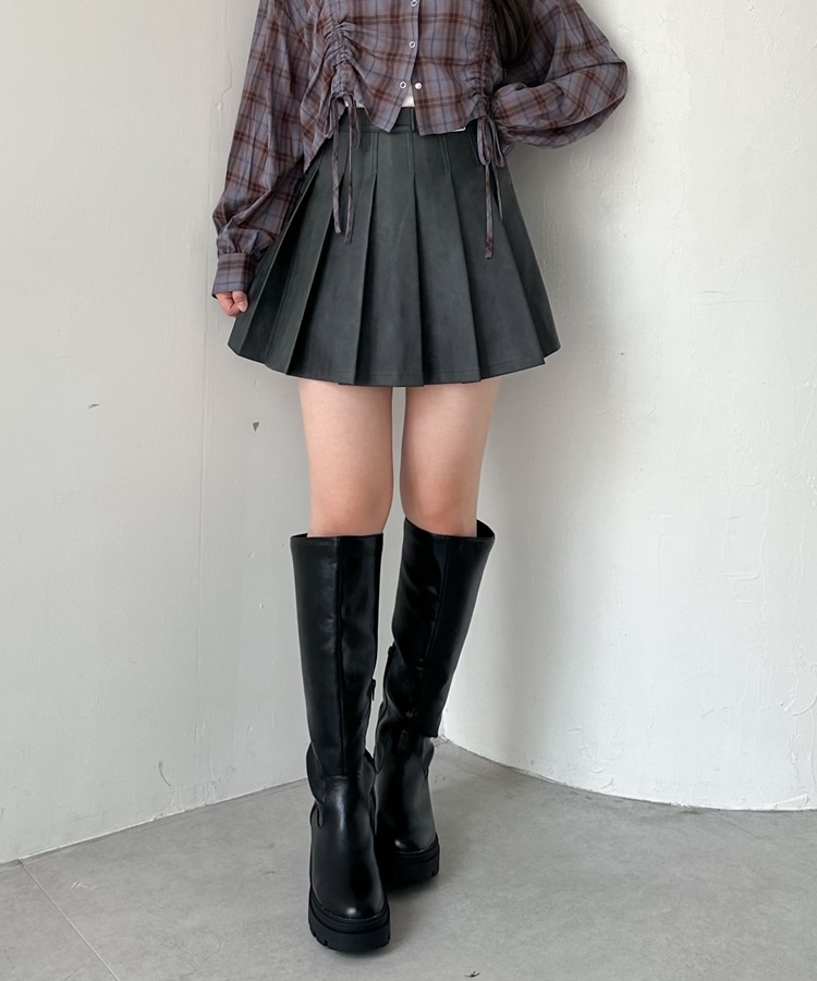 SETUP対応】フェイクレザープリーツミニスカート(S BROWN