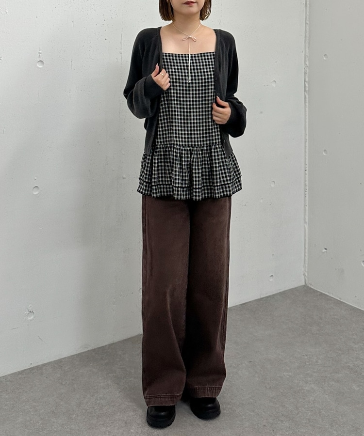 片畦ニットCD×チェックキャミチュニックSET(M IVORY