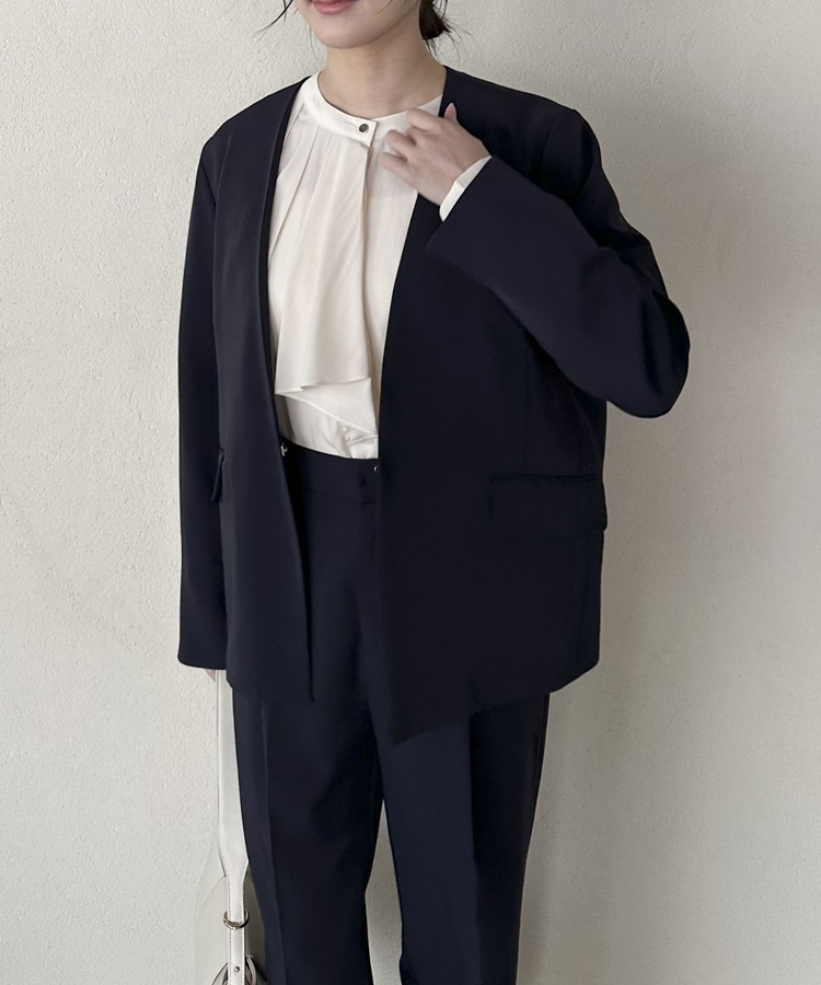 セットアップ対応】ストレッチVノーカラージャケット(M NAVY