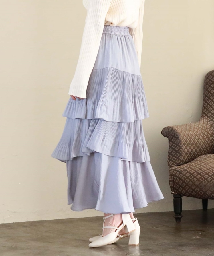 マットサテンアシメフリルティアードスカート／(M BLUE): スカート