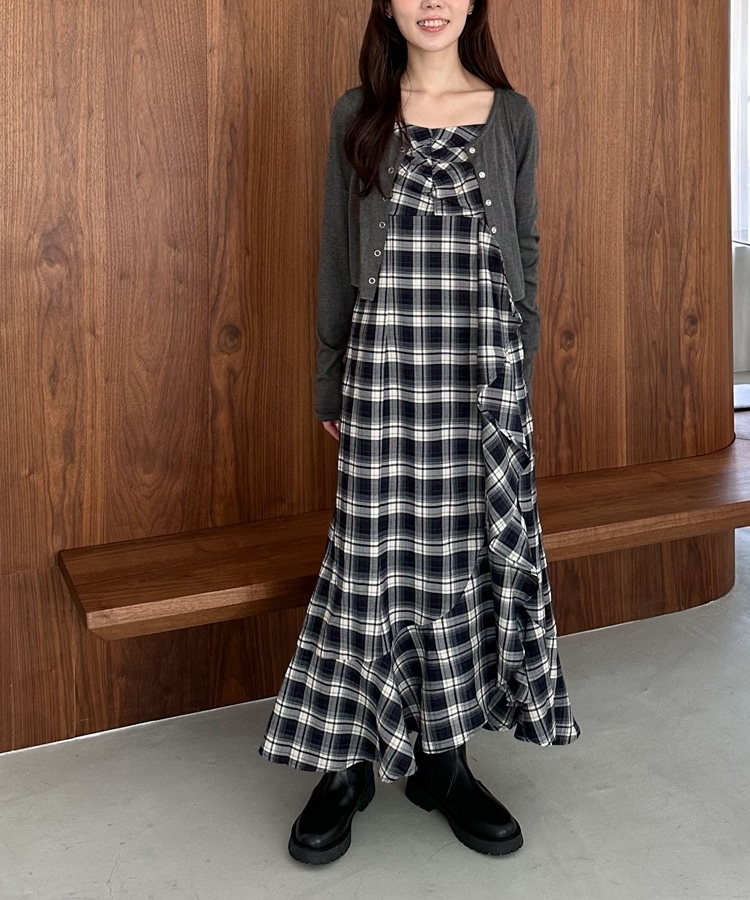 チェックアソートラッフルキャミワンピース(M BROWN