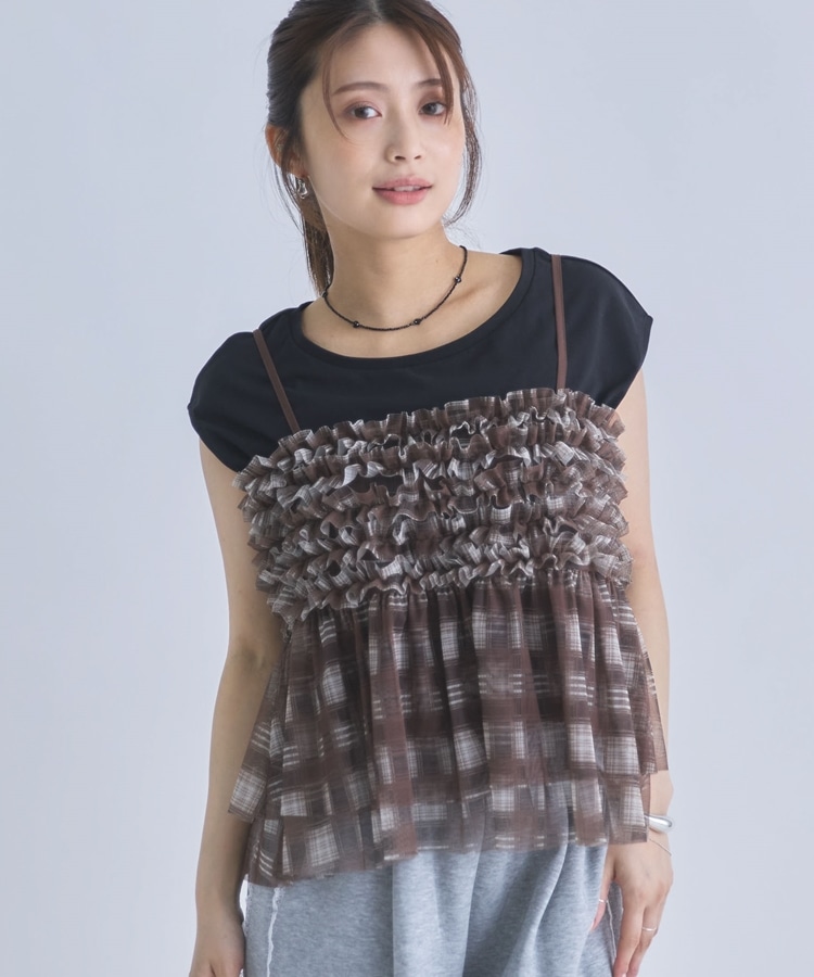 チェックフリルチュールビスチェ×フレンチTEE SET(M BEIGE