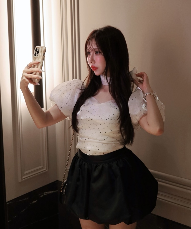 creamy organdy dot puff blouse(M BLACK): トップス｜PMbox P&M