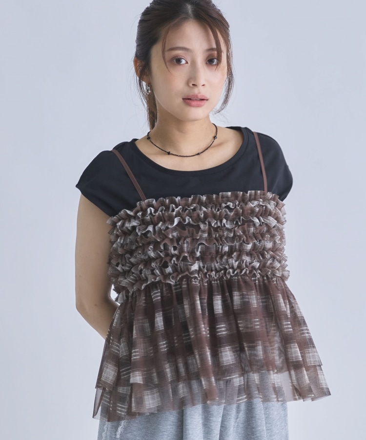 チェックフリルチュールビスチェ×フレンチTEE SET(M BEIGE