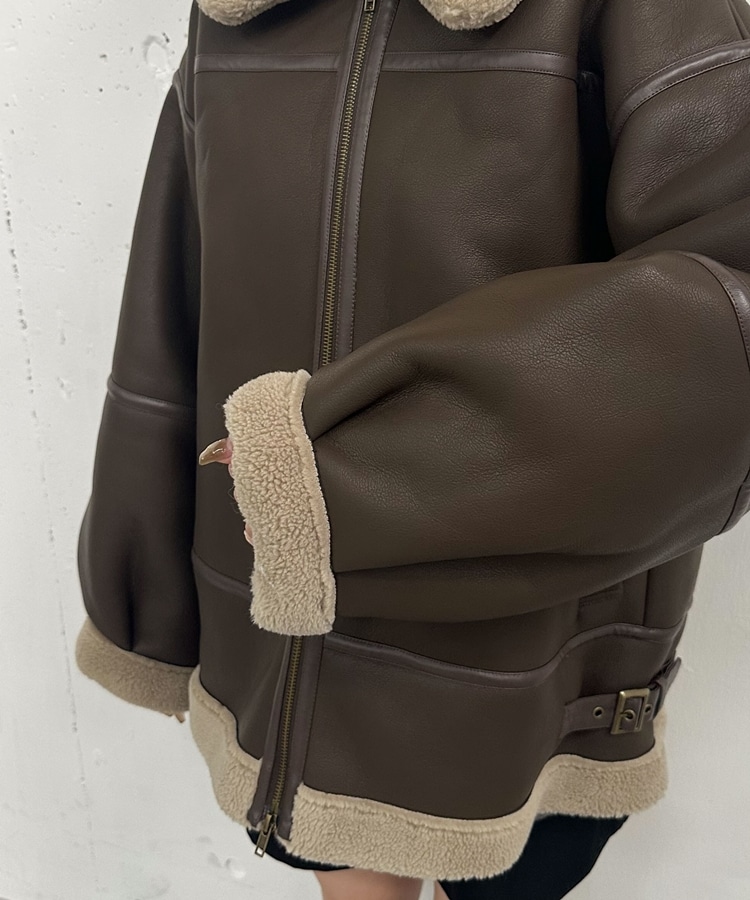 極美品　ムートンジャケット フェイクレザーミドルムートンジャケット(M BLACK): アウター