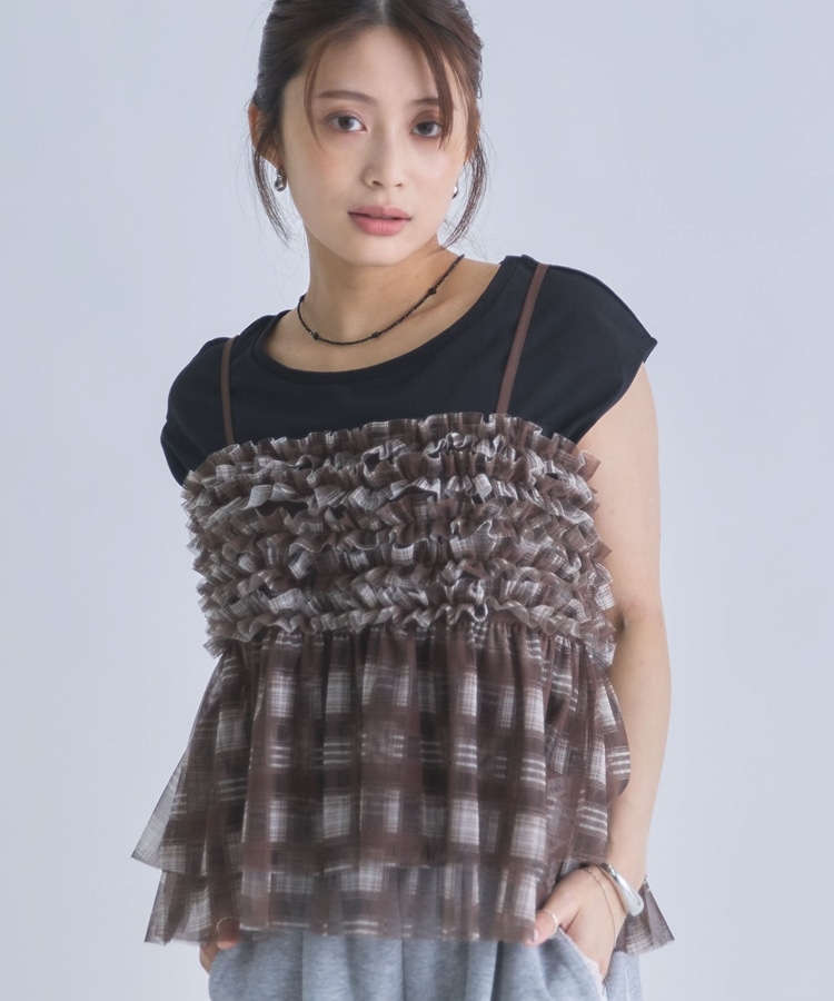チェックフリルチュールビスチェ×フレンチTEE SET(M BEIGE