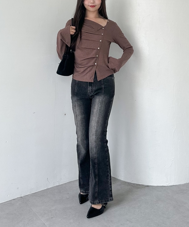 トップス mocha 2wayアシメボタンカットTOPS(M CHARCOAL GRAY