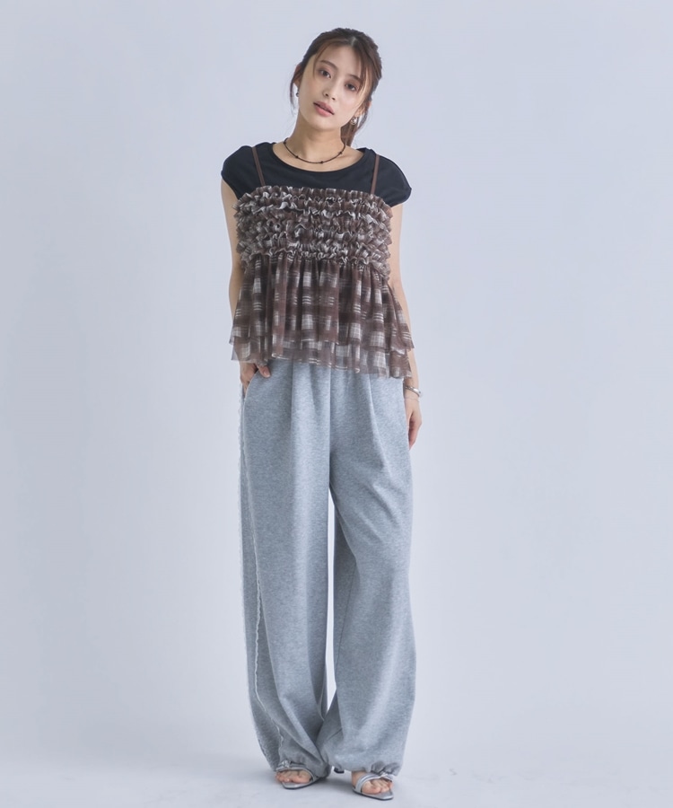 チェックフリルチュールビスチェ×フレンチTEE SET(M BEIGE