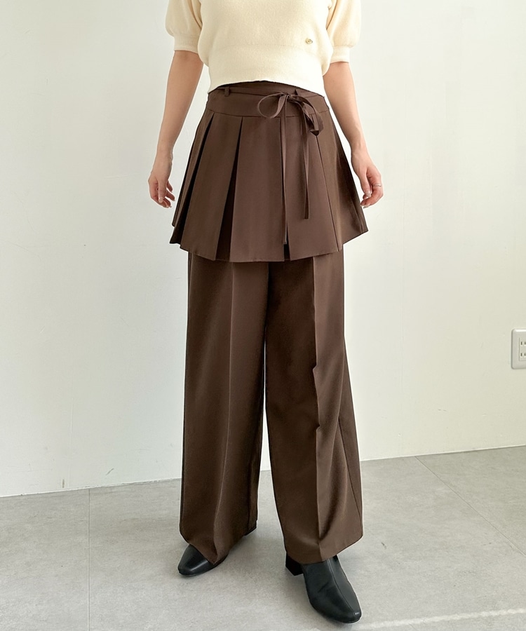 プリーツスカート付レイヤードスラックス(M BROWN): パンツ
