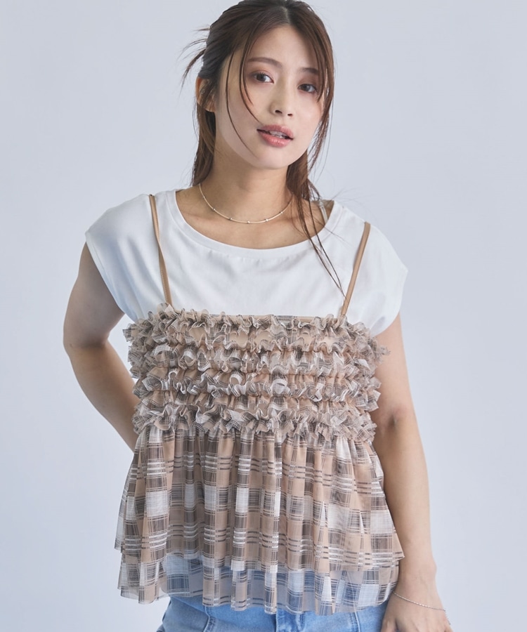 チェックフリルチュールビスチェ×フレンチTEE SET(M BEIGE