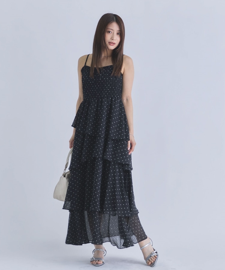 ドットアソートフリルティアードキャミワンピース(M BLACK/IVORY