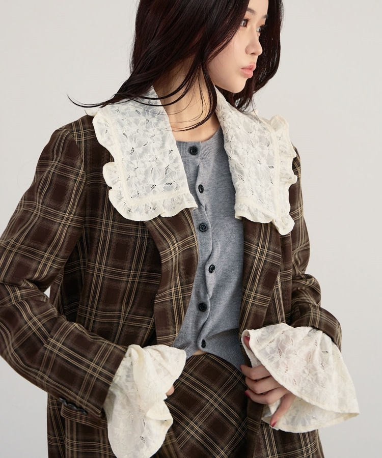 グレー レース襟 テーラードジャケット SETUP対応】3wayレースカラーチェックテーラード