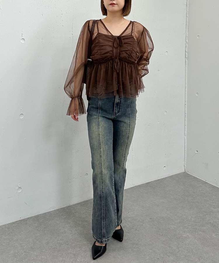 チュールギャザーペプラムブラウス(M BROWN): トップス｜PMbox