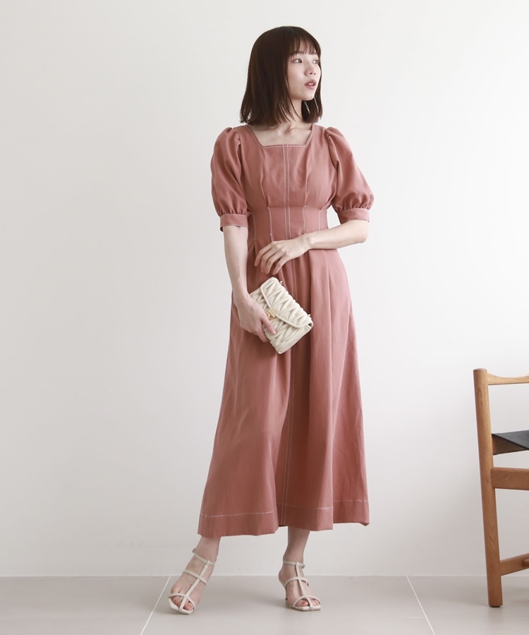 配色ステッチタックフレアワンピース(M PINK BEIGE): ワンピース