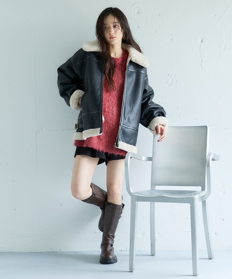 フェイクレザーミドルムートンジャケット(M BLACK): アウター