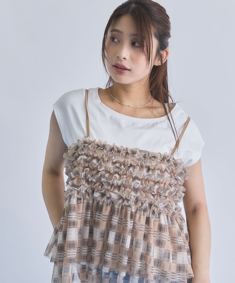 チェックフリルチュールビスチェ×フレンチTEE SET(M BEIGE