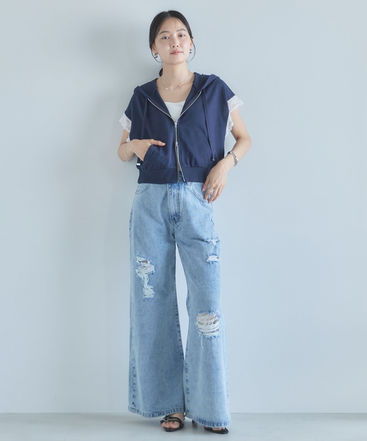 ★新品　マックスマーラ　ブルゾン　パーカー　花刺繍❤︎パフスリーブ✨ビジューXL レースフレンチW－ZIPパーカー(M NAVY): トップス｜PMbox P&M