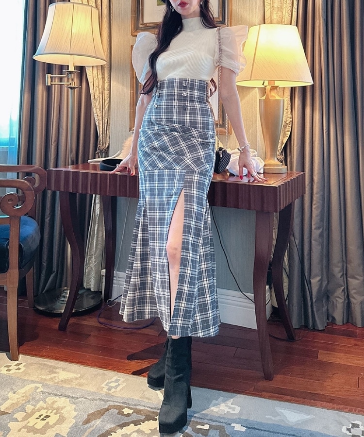 high waist slit check skirt(S GRAY): スカート｜PMbox P&M OFFICIAL