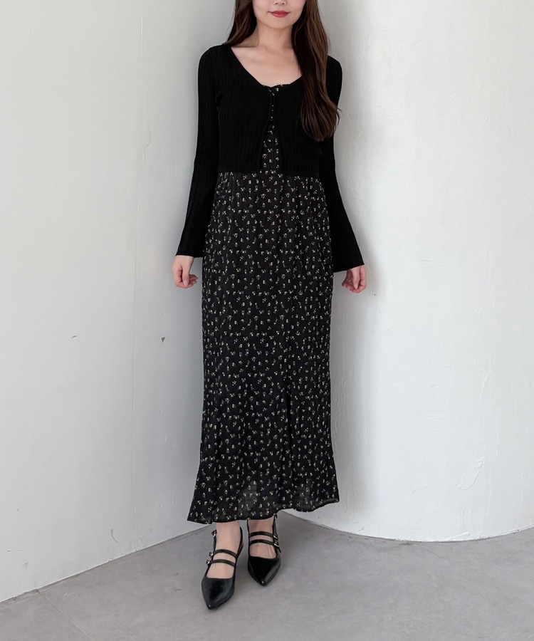 シアーリブニットカーディガン×花柄キャミワンピースSET(M