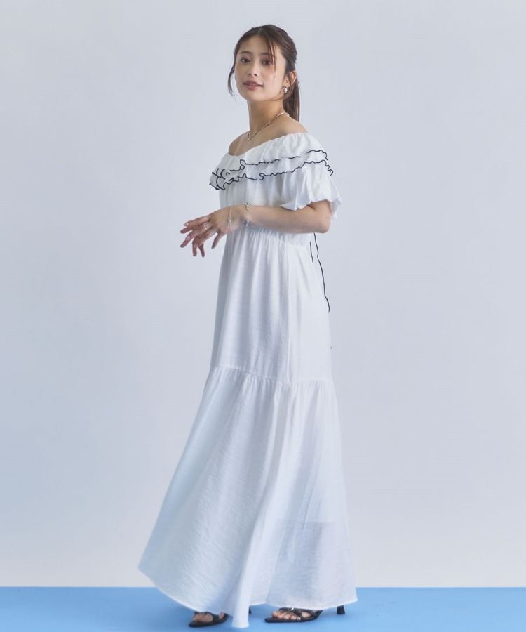 配色メローバックリボン2wayオフショルワンピース(M IVORY