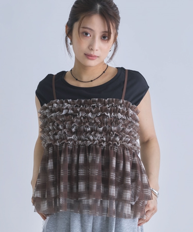 チェックフリルチュールビスチェ×フレンチTEE SET(M BEIGE