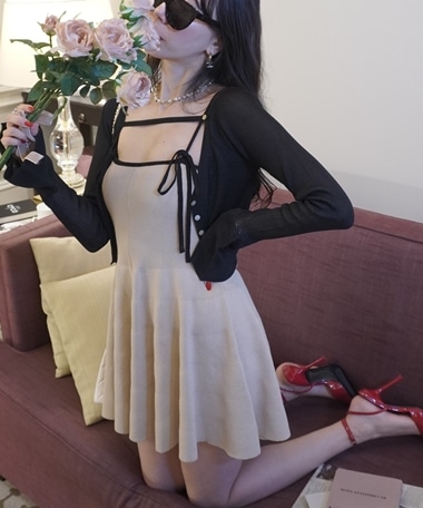 ribbon onepiece×flare sheer cardigan set