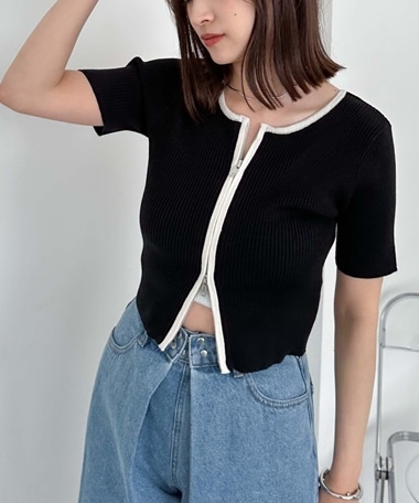 Wzipハーフスリーブリブニット