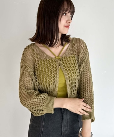 メッシュニットカーデ×カップ付キャミSET(M GREEN): トップス 