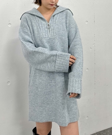 ハーフZIP片畦ラメニットワンピース