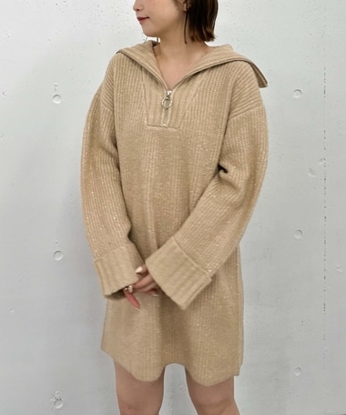 ハーフＺＩＰ片畦ラメニットワンピース