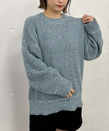 配色ステッチメランジミドルニット