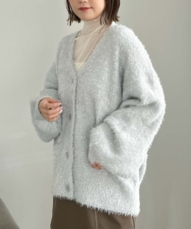 ラメMIXフェザーミドルニットカーディガン