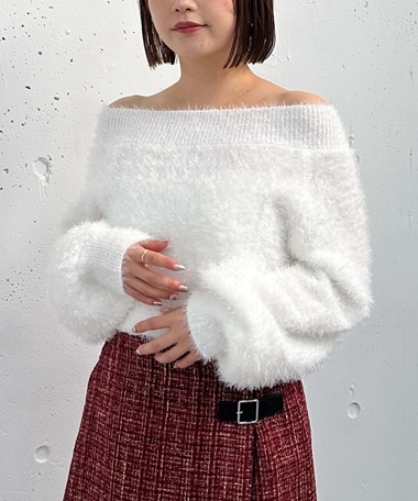 ラメシャギーオフショルニットプルオーバー