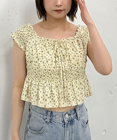 花柄シャーリングオフショルブラウス