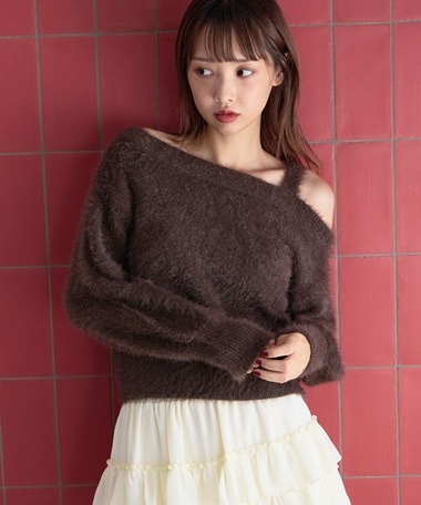 ラメフェザーワンショルニットプルオーバー