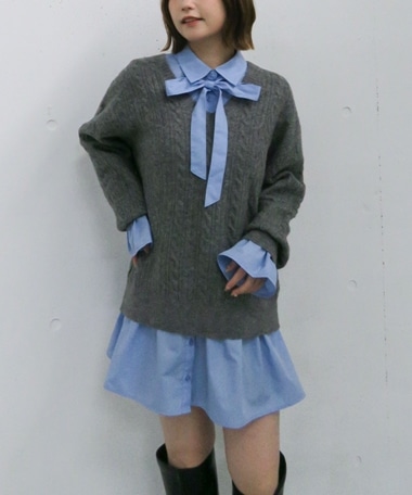 ケーブルニットチュニック×シャツミニワンピースＳＥＴ