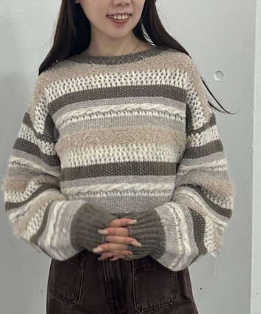 異素材ボーダーメッシュニットプルオーバー